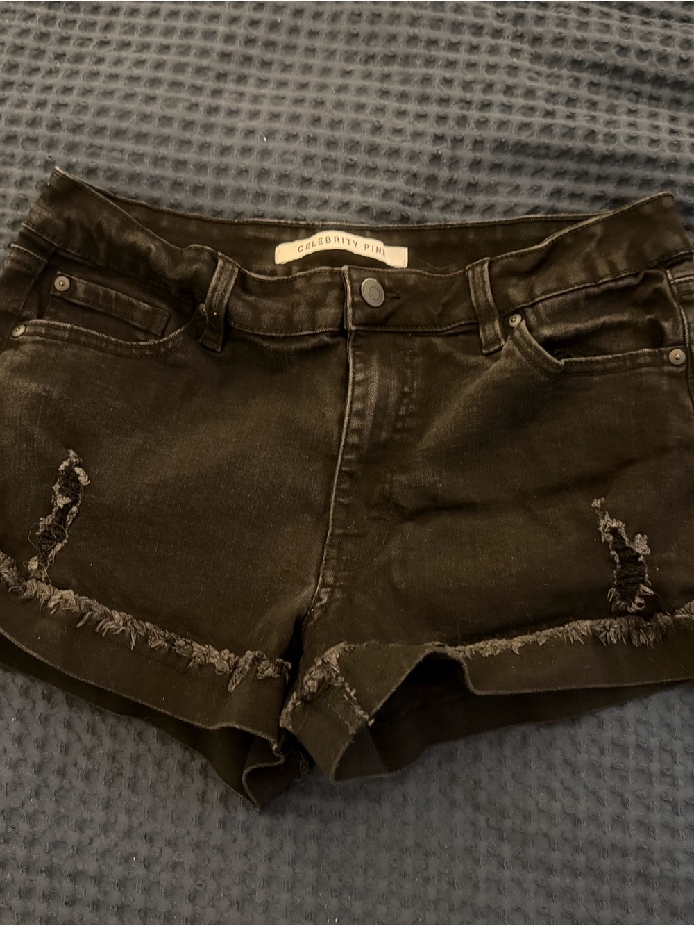 Celebrity Pink Black Distressed Frayed Hem Denim Shorts